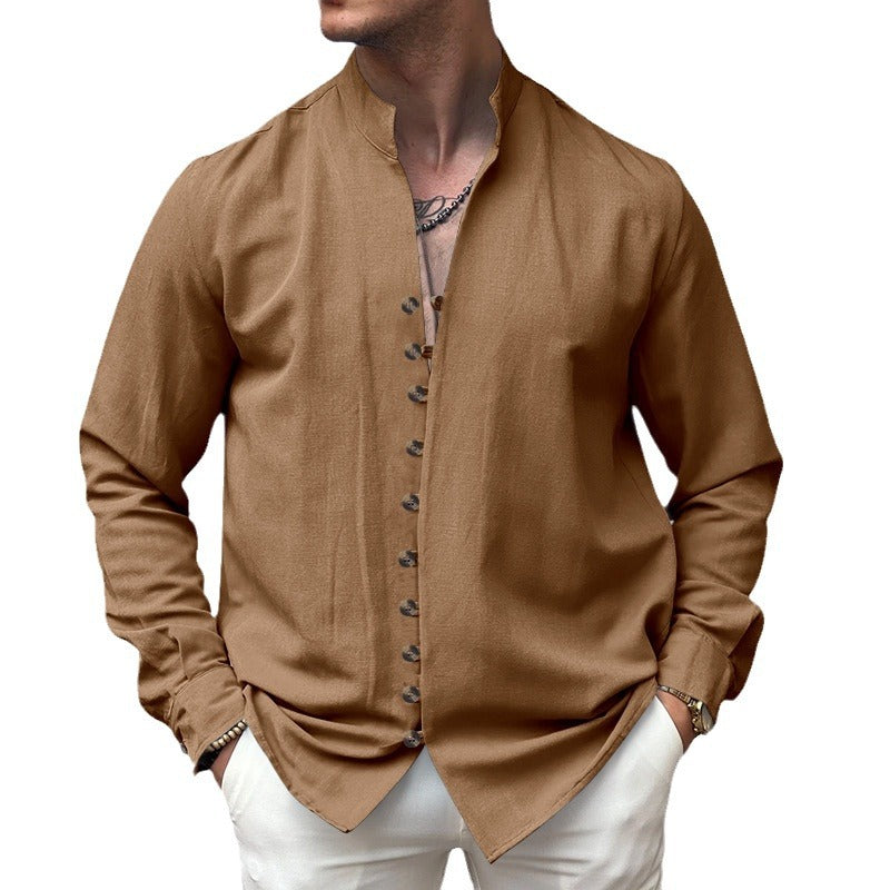 Men's long sleeve shirt with rising stand-up collar and decorative button placket Lisslune