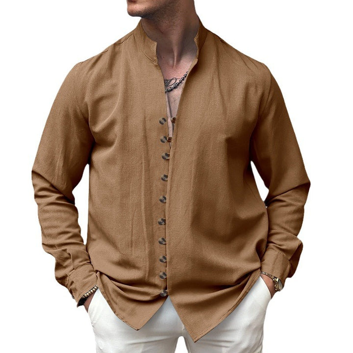 Men's long sleeve shirt with rising stand-up collar and decorative button placket Lisslune