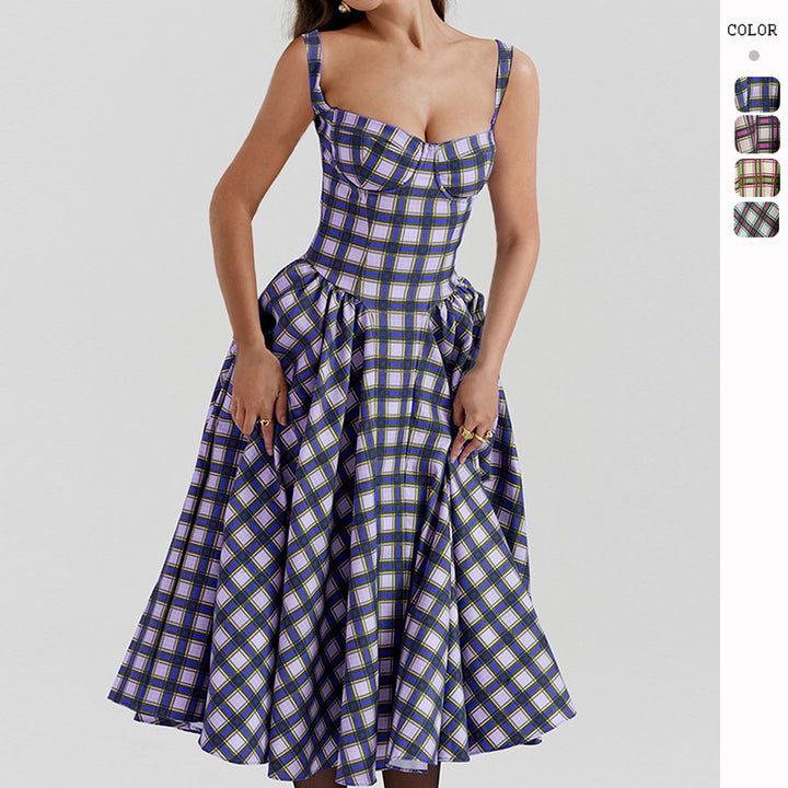 Women's midi dress in check pattern with textured bodice and voluminous skirt Lisslune