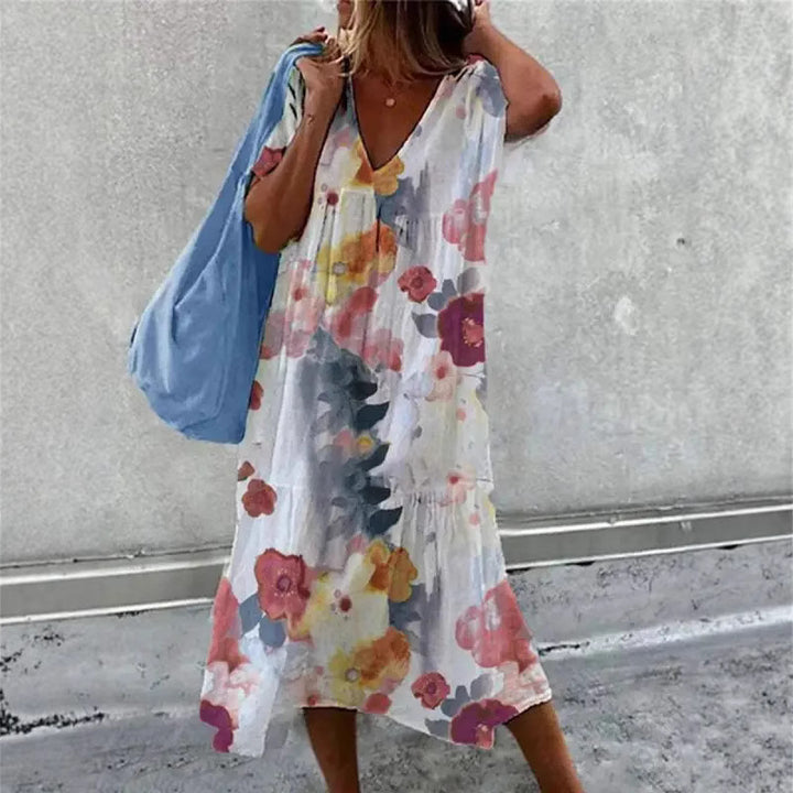 Women's casual summer dress with V-neck and voluminous skirt Lisslune