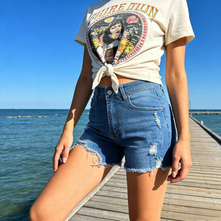 Women's destroyed denim shorts with frayed hem and stylish ripped details Lisslune