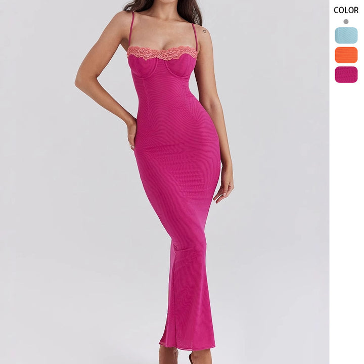 Women's fitted maxi dress with transparent hem and romantic lace accent Lisslune