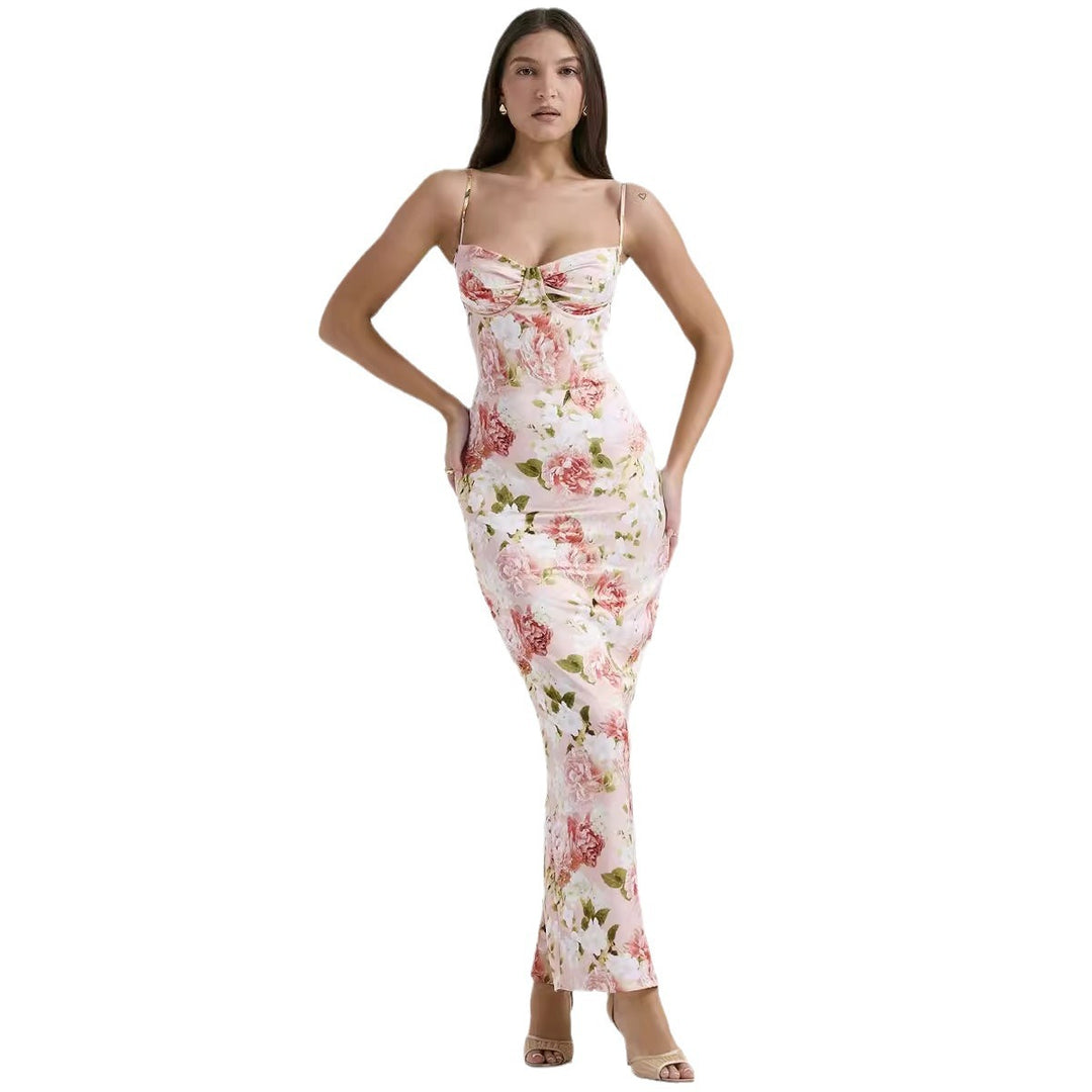 Women's Bodycon Maxi Dress with Floral Accents and Adjustable Spaghetti Straps
