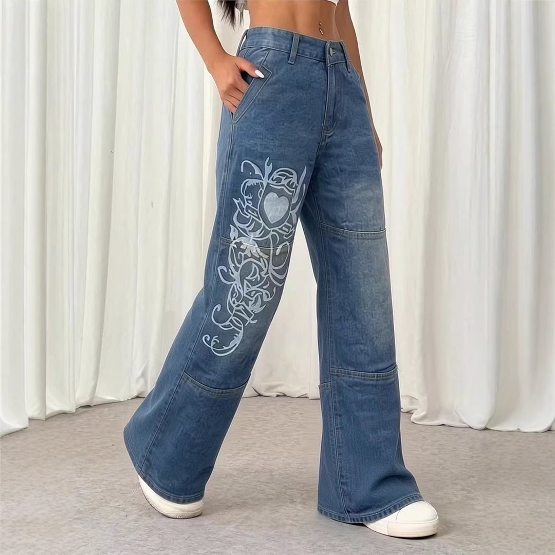 Damen weite Jeans mit kunstvollem Aufdruck Lisslune