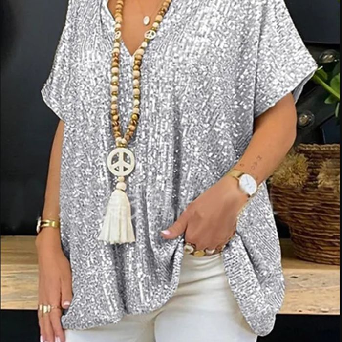 Women Sparkling Sequin Top with Casual Cut and V-Neck Lisslune