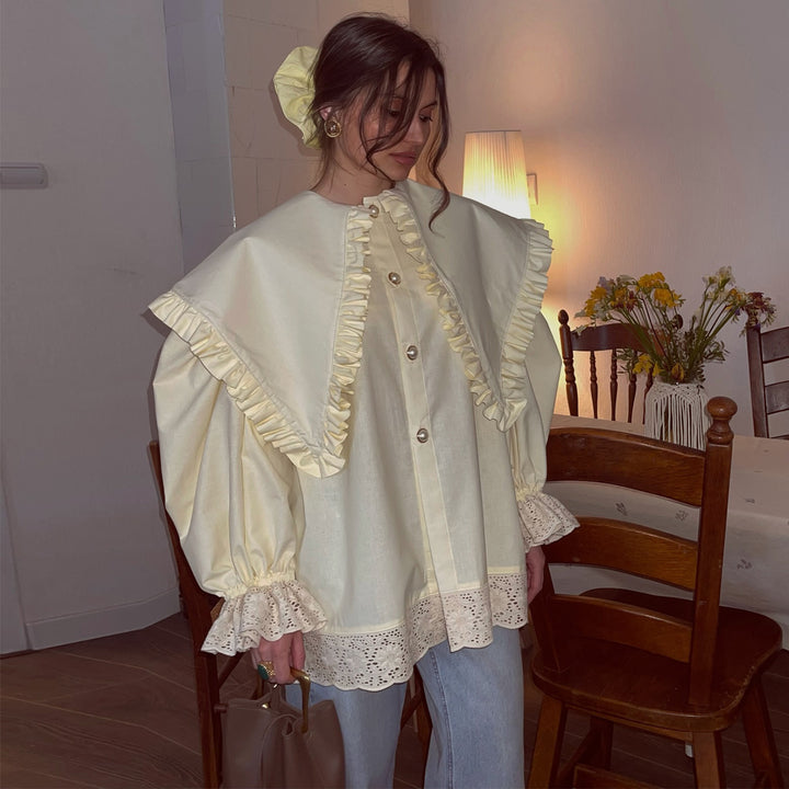 Women's oversized blouse with ruffle details and lace trim Lisslune