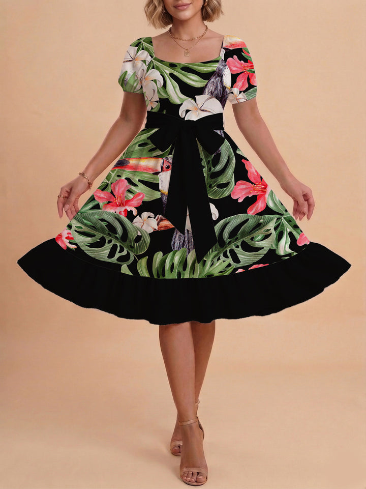 Women A-line dress with floral motifs and adjustable belt Lisslune
