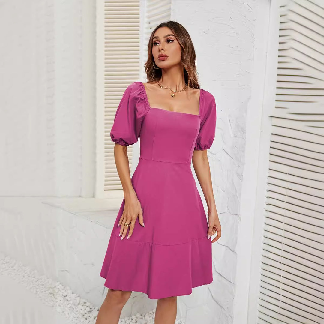 Ladies Elegant Off-Shoulder Dress with Voluminous Puff Sleeves and Asymmetrical Cut