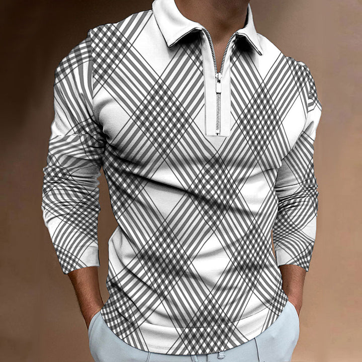 Men's long-sleeve polo shirt with fashionable check pattern and elegant zipper Lisslune