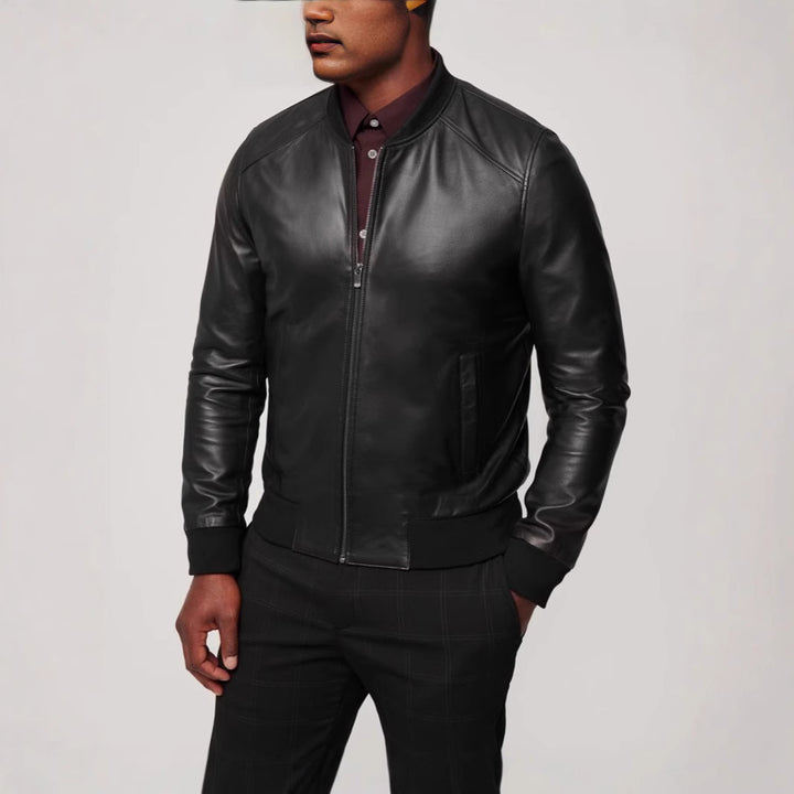 Men's Synthetic Leather Bomber Jacket with Elastic Cuffs Lisslune