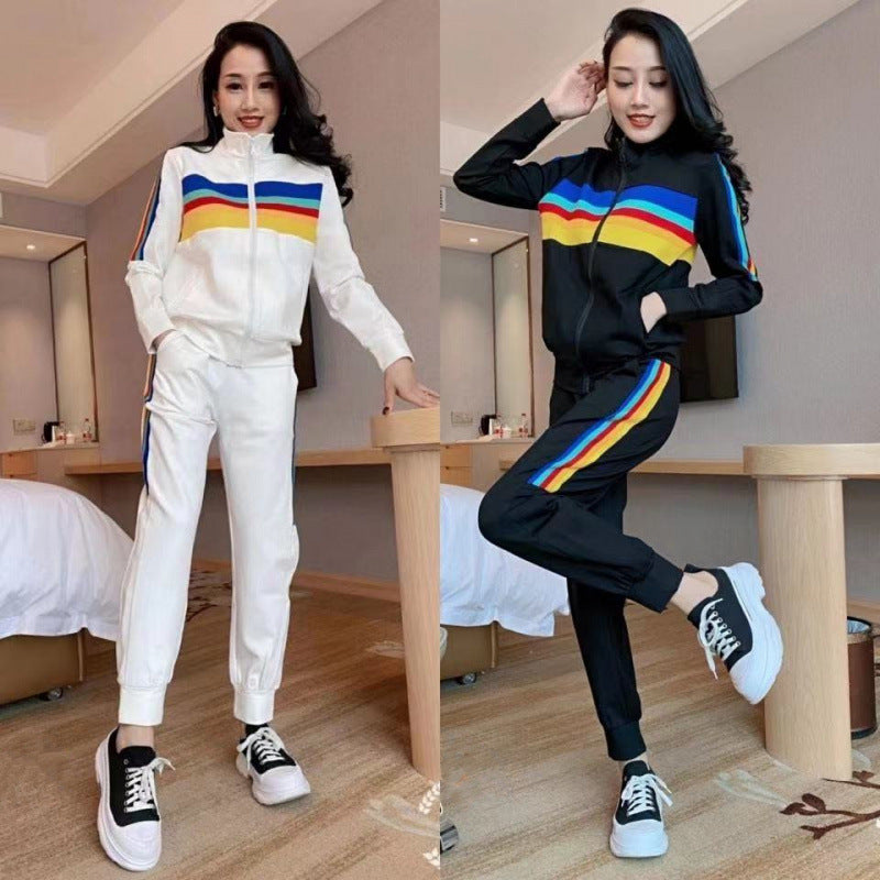 Women's sporty leisure set with high collar and colorful stripes Lisslune