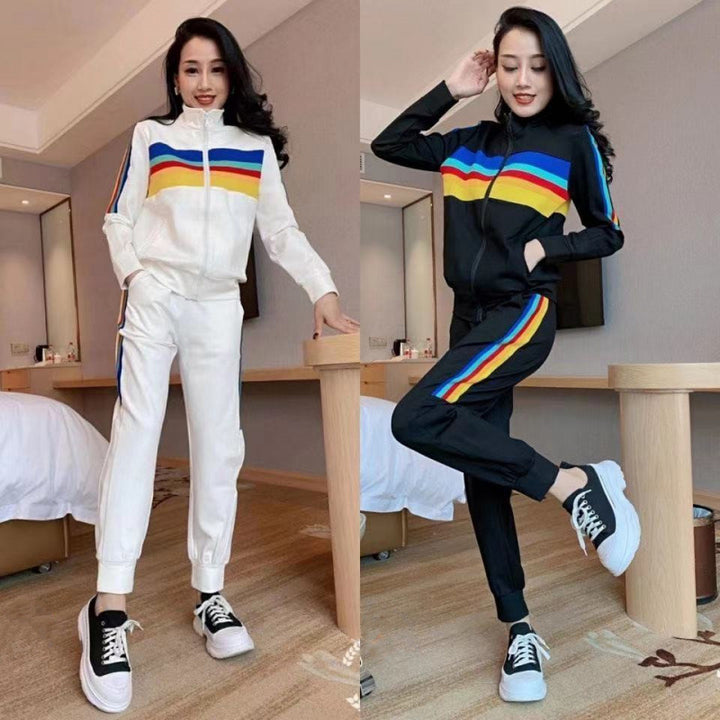 Women's sporty leisure set with high collar and colorful stripes Lisslune