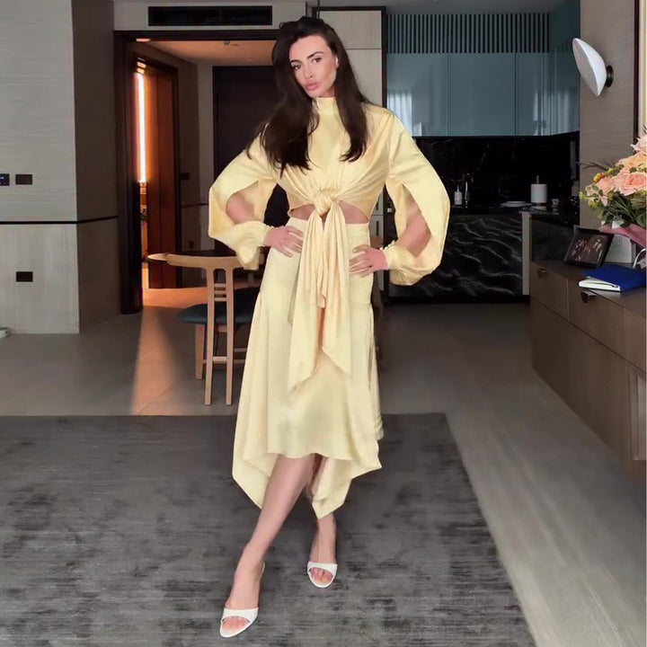 Women's elegant wrap dress with fashionable cut-out details and voluminous sleeves Lisslune