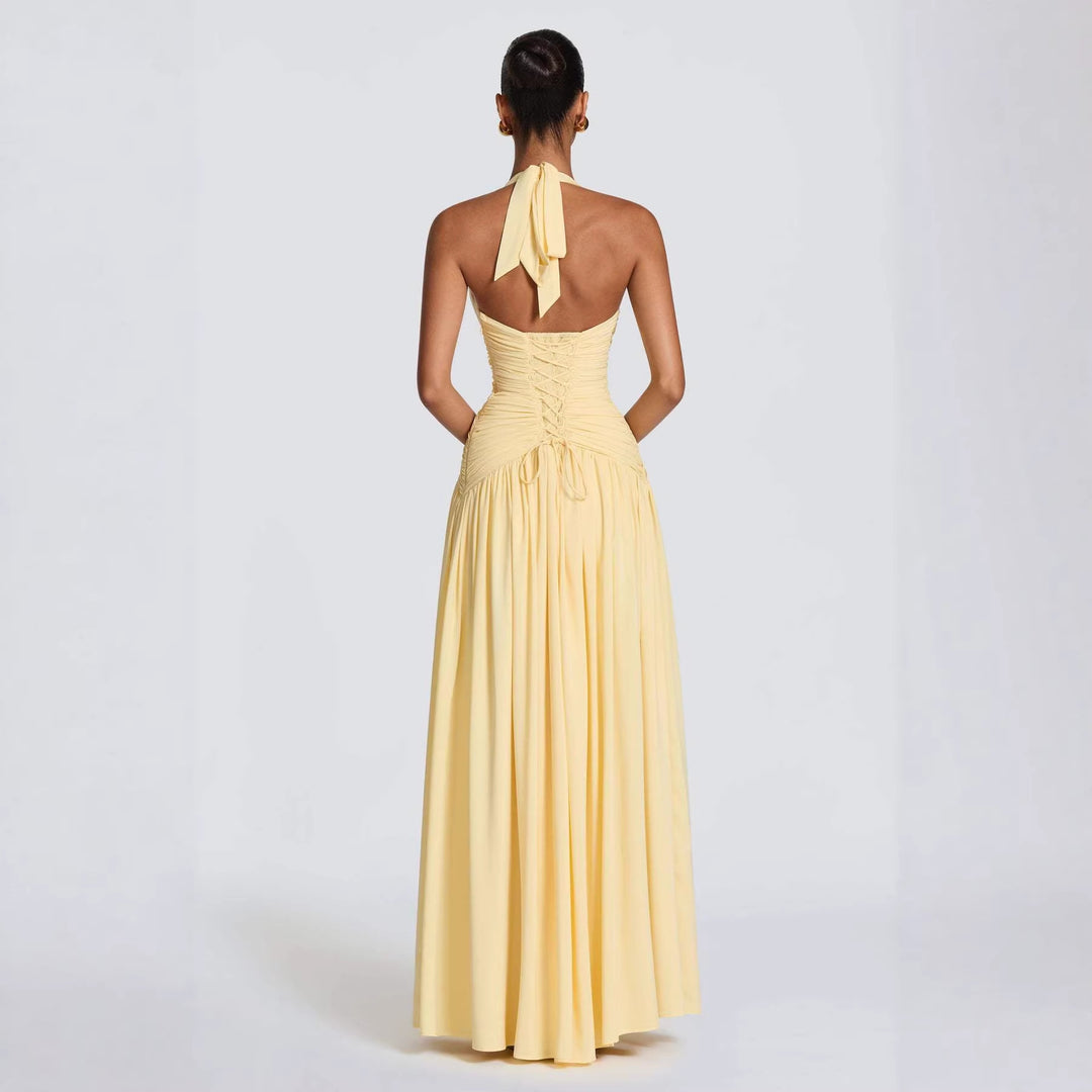 Ladies Elegant Maxi Dress with Strapless Neckline and Sophisticated Pleats