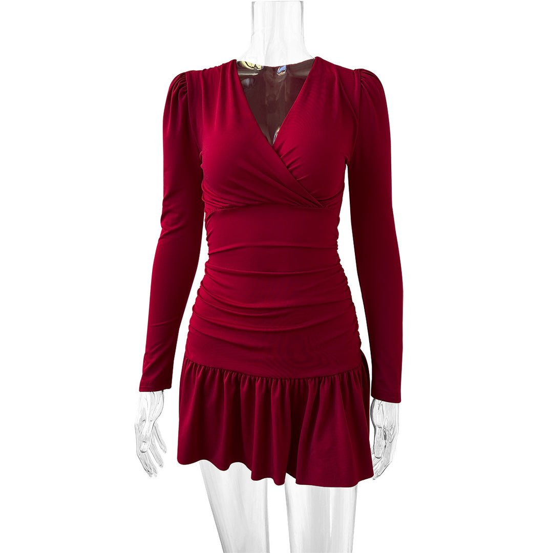 Damen Wickelkleid mit Rüschen und langen Ärmeln Lisslune