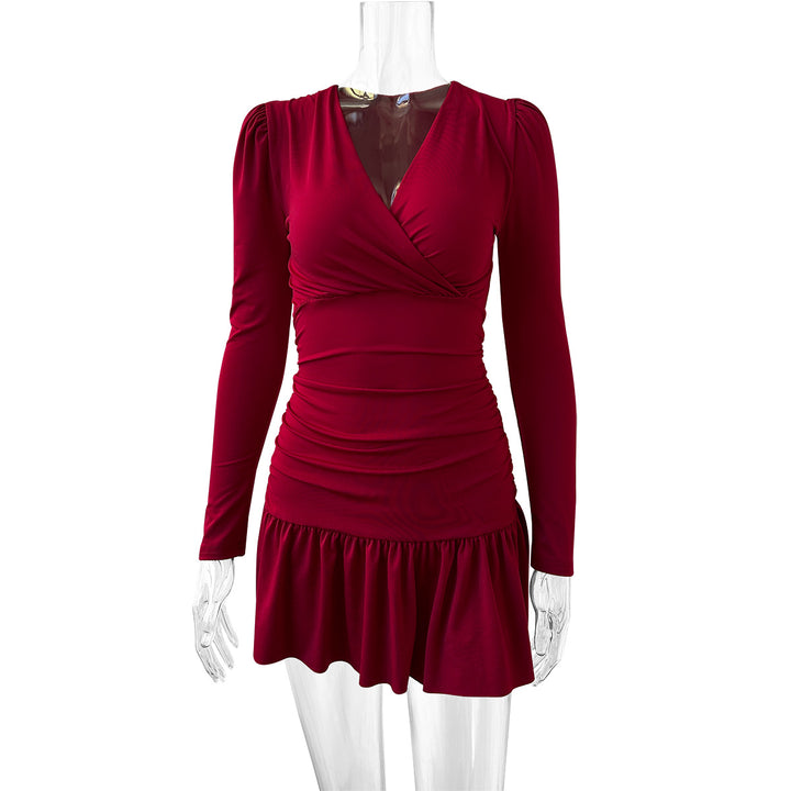 Damen Figurumspielendes Wickelkleid mit langen Ärmeln und Rüschensaum Lisslune