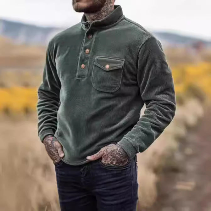 Men's Warm-keeping Cord Sweater with Button Placket and Chest Pocket Lisslune