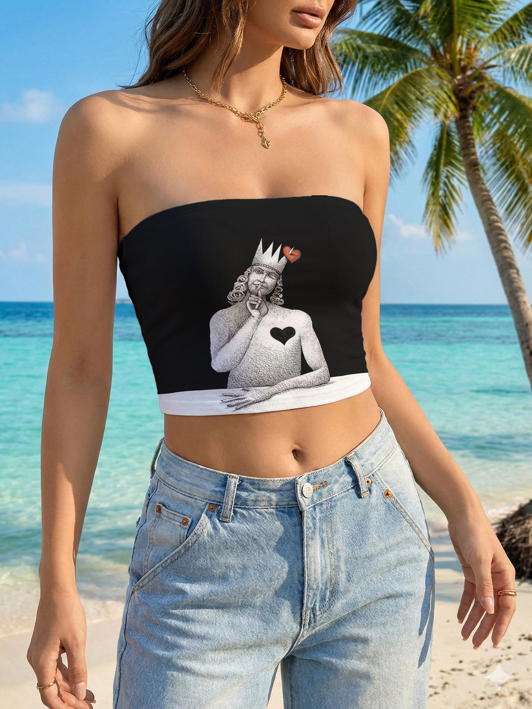 Women's bandeau top with floral bird motif and elastic fit Lisslune