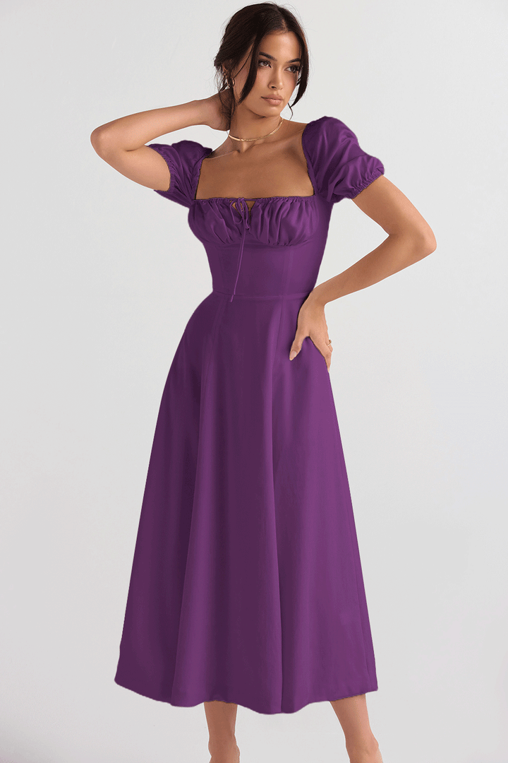 Women's midi dress with gathered bodice and flared skirt
