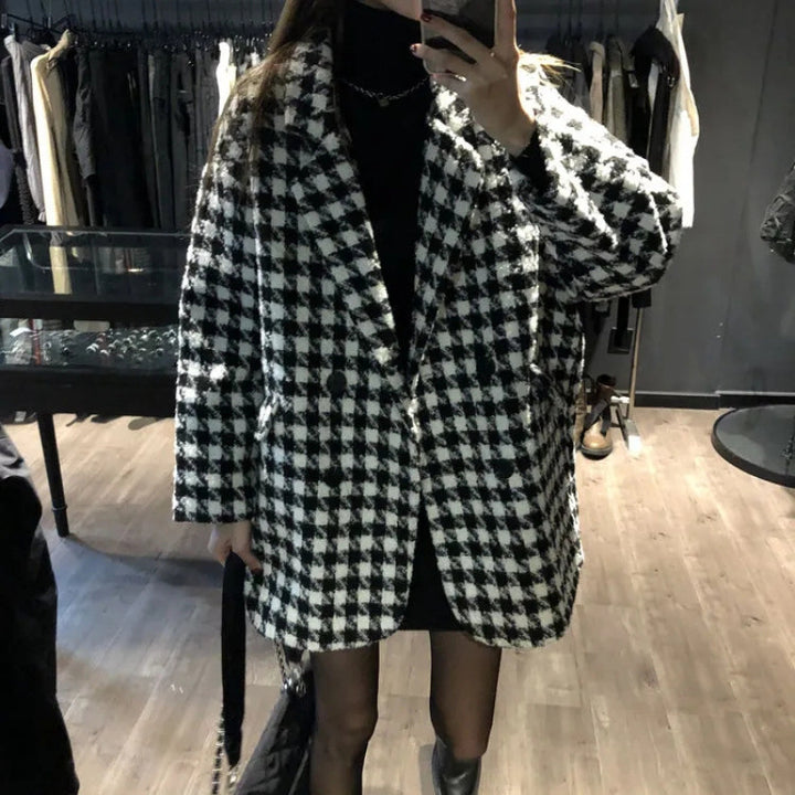 Women Oversized Check Coat with Double Button Placket Lisslune