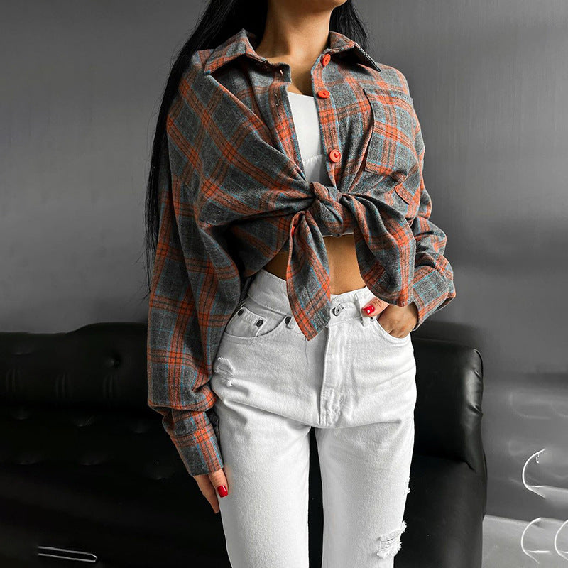 Women Check Pattern Crop Shirt with Ties and Casual Cut