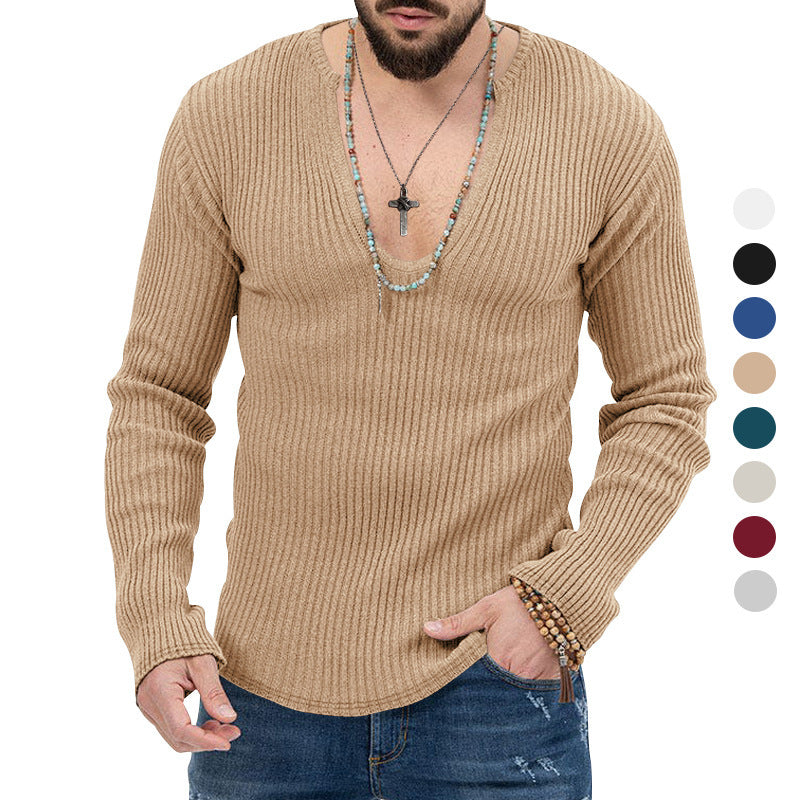 Men's long sleeve shirt with textured V-neck and ribbed design Lisslune