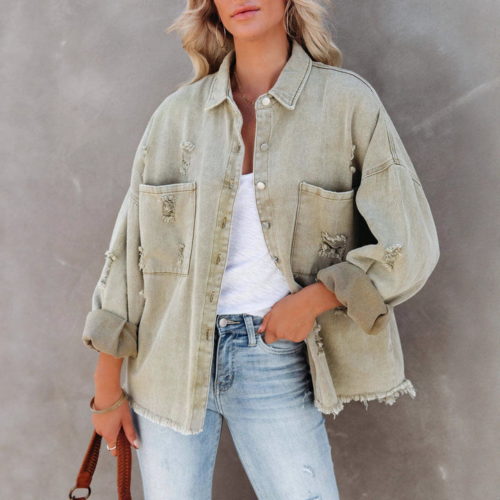 Women's Casual Oversized Denim Jacket with Frayed Edges and Decorative Buttons Lisslune