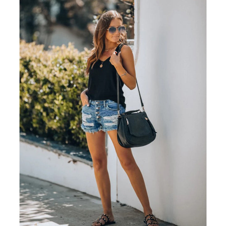 Women's Casual Destroyed Jeans Shorts with Button Fly and Frayed Hem Lisslune
