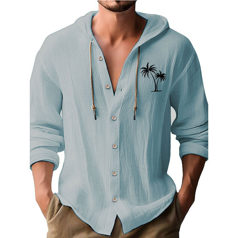 Men's casual hoodie shirt with decorative palm print and button placket Lisslune
