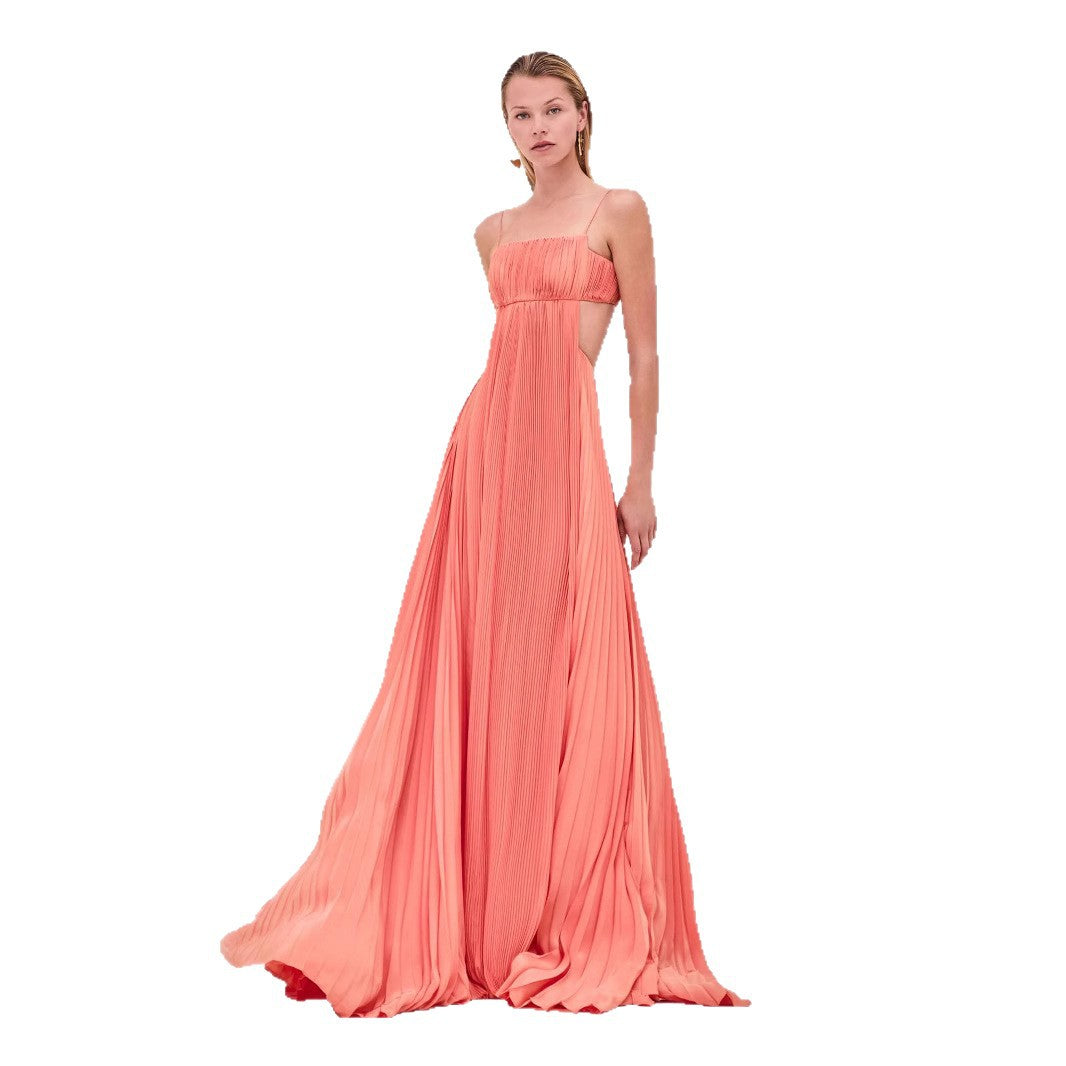 Women's maxi dress with elegant pleated details and thin spaghetti straps