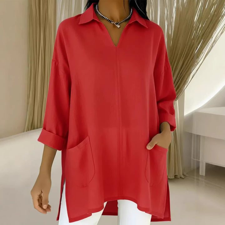 Women’s long sleeve blouse with elegant V-neck and practical pockets Lisslune
