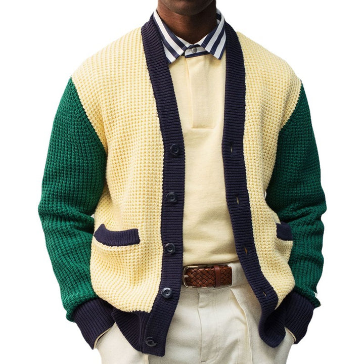 Men's Casual Cardigan in Modern Waffle Pattern with Contrast Sleeves and Practical Pockets Lisslune
