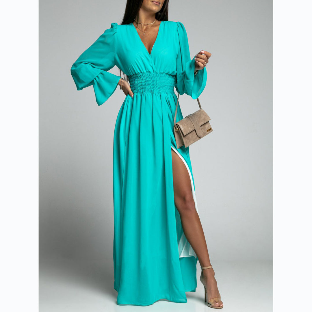Women's maxi dress with deep V-neckline and voluminous sleeves Lune London