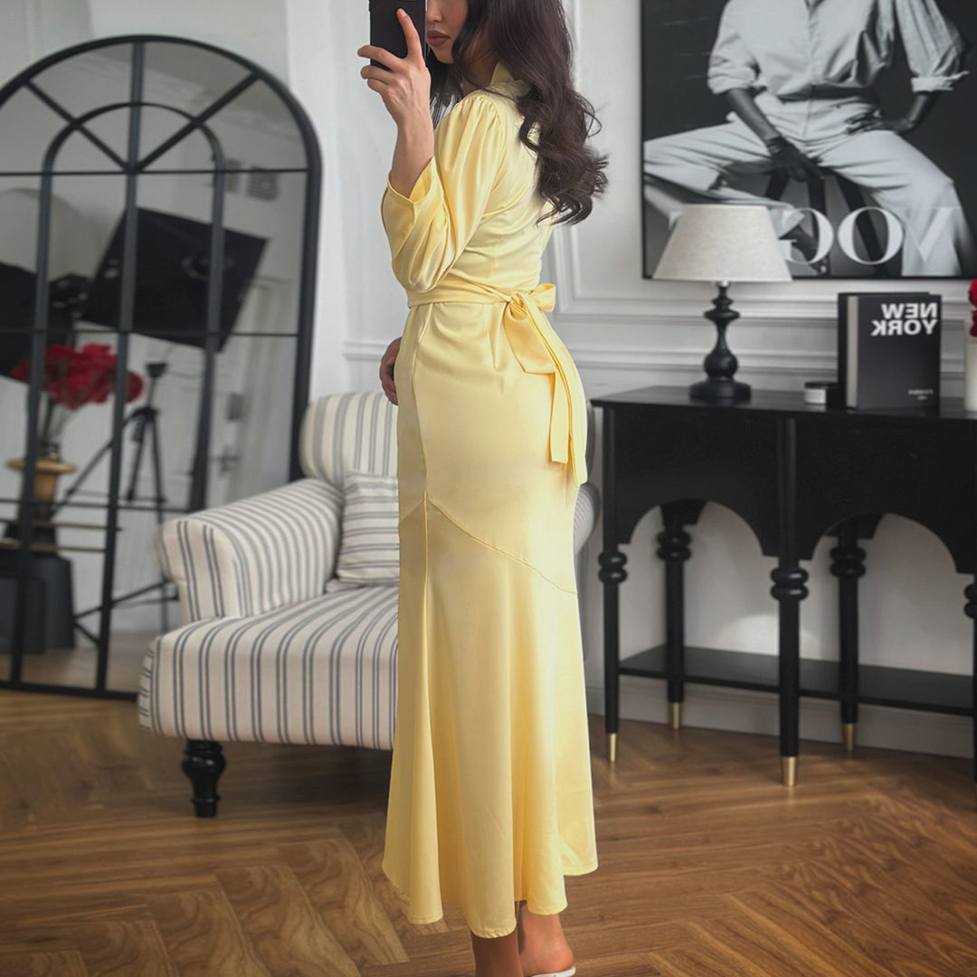Women's maxi dress with button placket and elegant puff sleeves