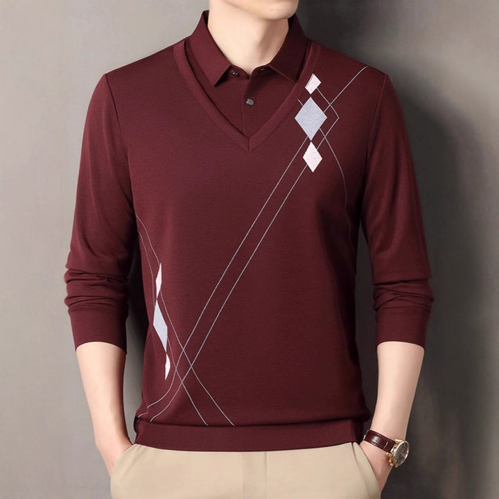 Men's elegant long-sleeved sweater with V-neck and modern pattern Lisslune