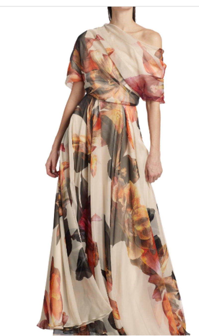 Women elegant chiffon dress with off-shoulder design and floral pattern Lisslune