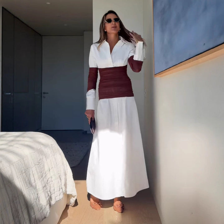 Ladies maxi dress with innovative wrap design and modern contrast details Lune London
