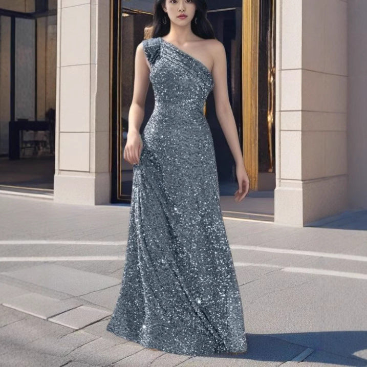 Ladies Glamorous Maxi Dress with Off-Shoulder Design and Sparkling Sequins Lisslune