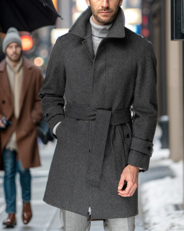 Men's fashionable wool trench coat with tie belt and large pockets Lisslune