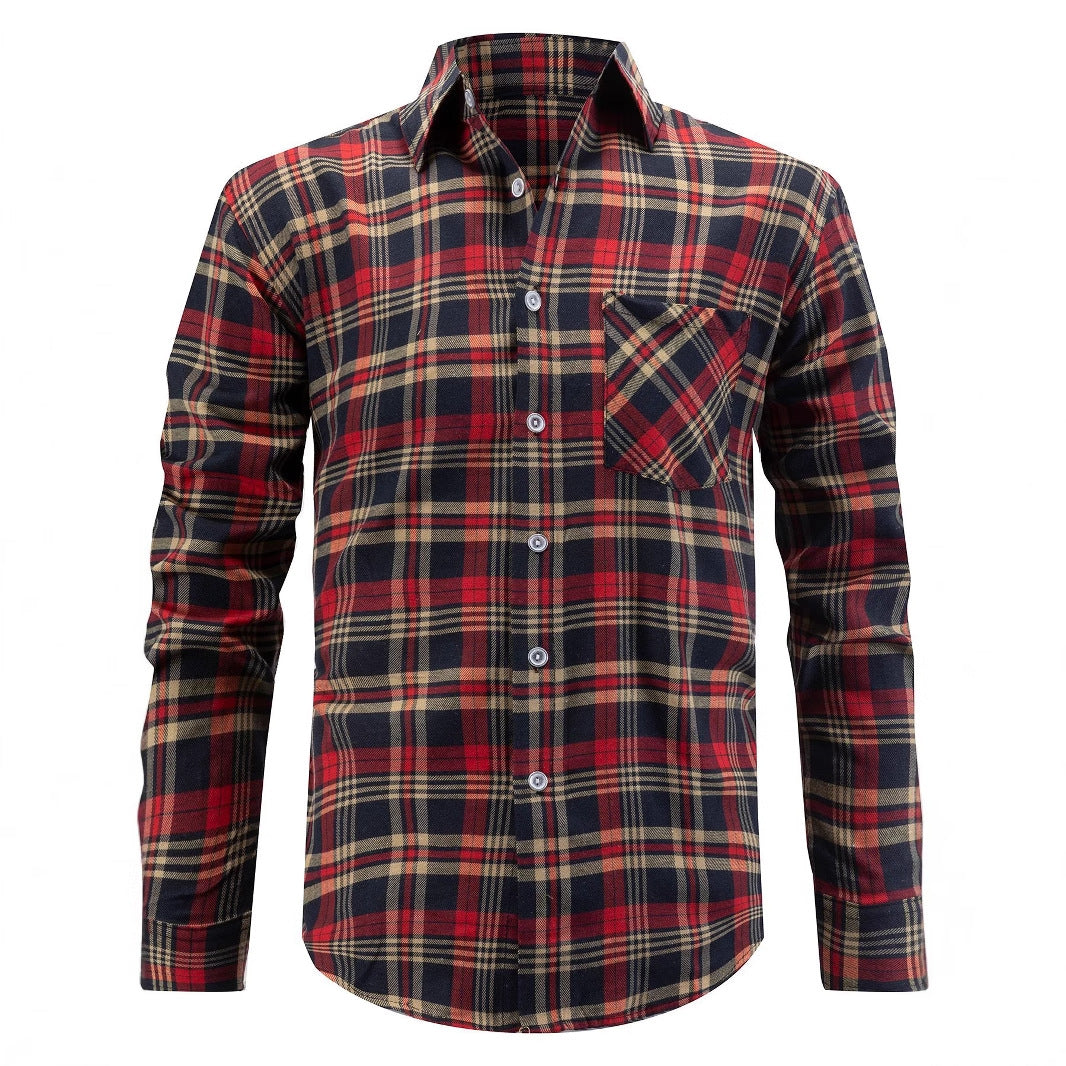 Men's casual long-sleeve checkered shirt with chest pocket Lisslune
