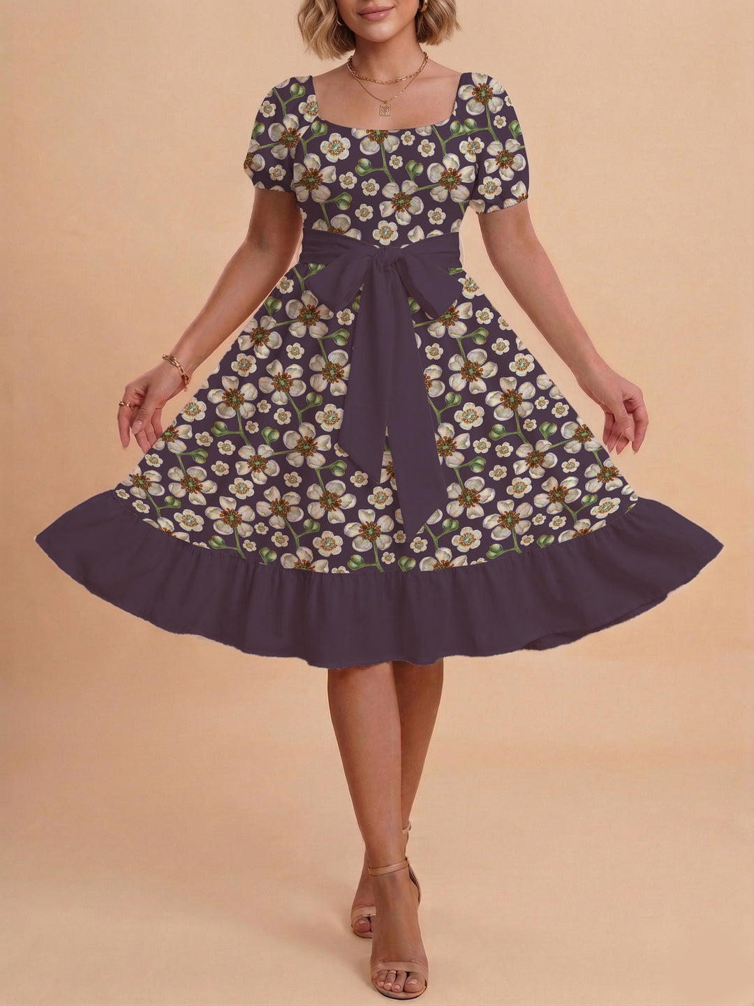 Women's floral dress with adjustable belt and voluminous sleeves Lisslune