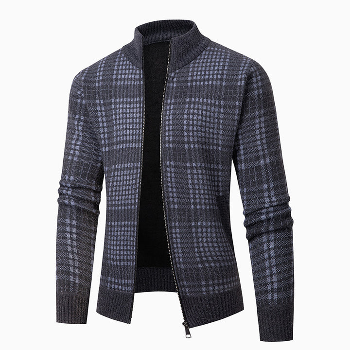 Men's fashionable cardigan with modern check pattern and high collar Lisslune