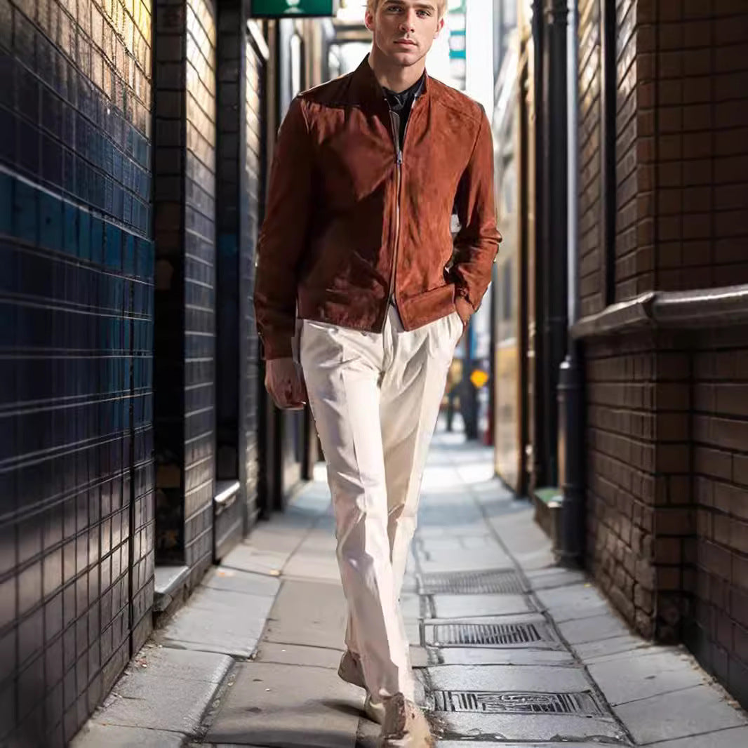 Men's casual suede jacket with stand-up collar and side zip pockets Lisslune