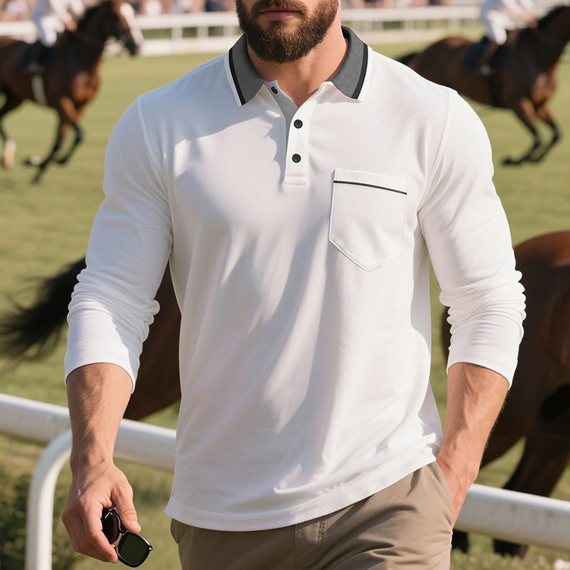 Men's Long Sleeve Polo Shirt with Fashionable Collar and Chest Pocket Lisslune