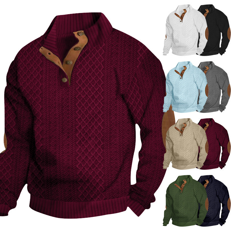 Men's knit sweater with innovative stand-up collar and modern leather appliqués Lisslune