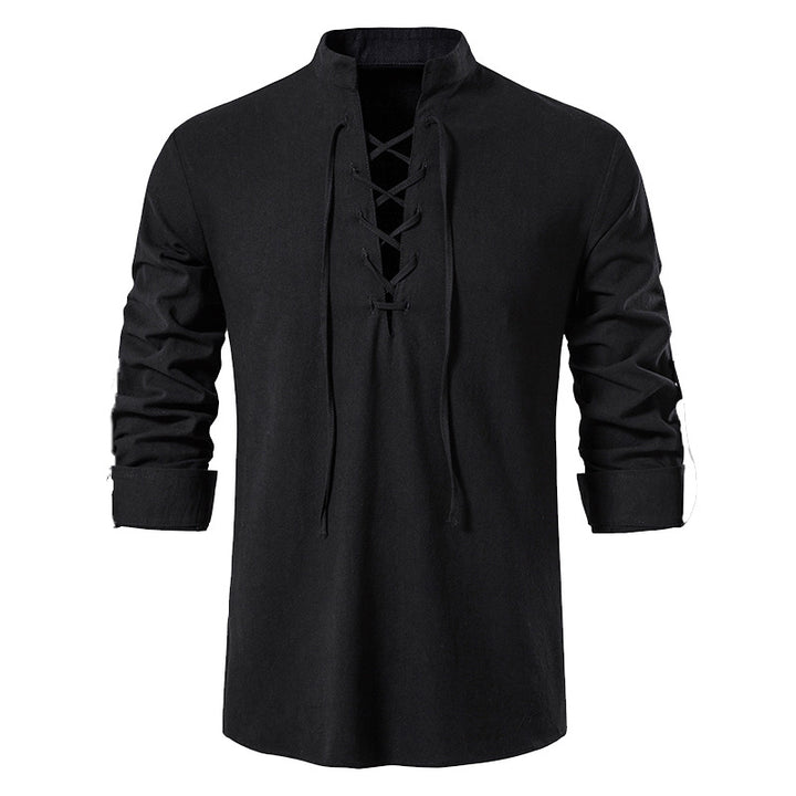 Men's casual long-sleeve shirt with innovative lacing and modern stand-up collar Lisslune