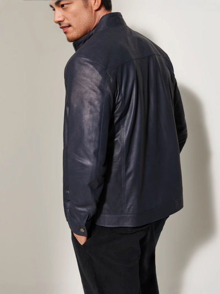 Men's leather jacket with elegant stand collar and side zippered pockets Lisslune
