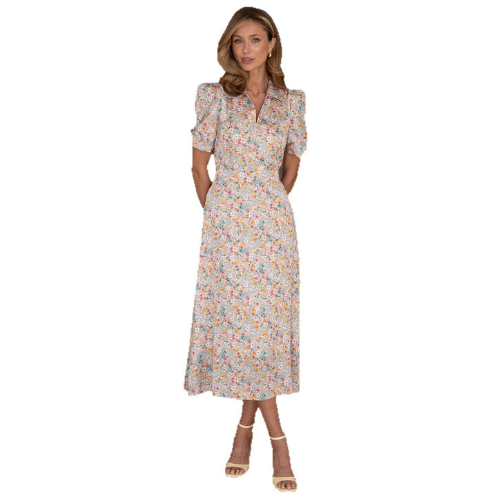 Women’s midi dress with floral patterns and puff sleeves