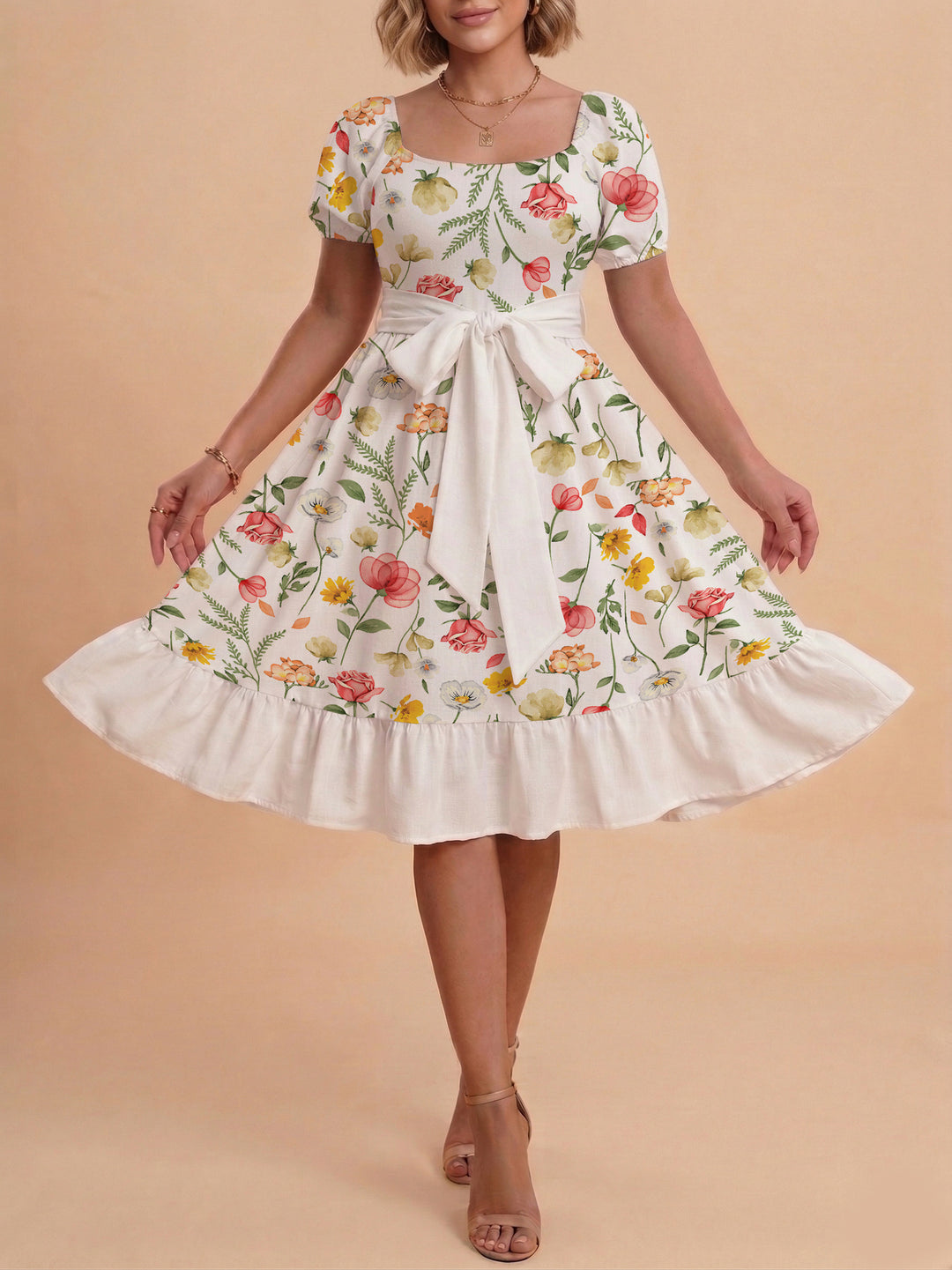 Women's floral dress with adjustable belt and voluminous sleeves Lisslune