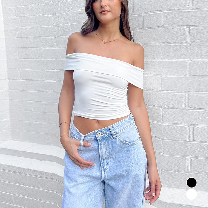Damen Off-Shoulder Crop-Top aus elastischem Material mit figurformendem Design Lisslune